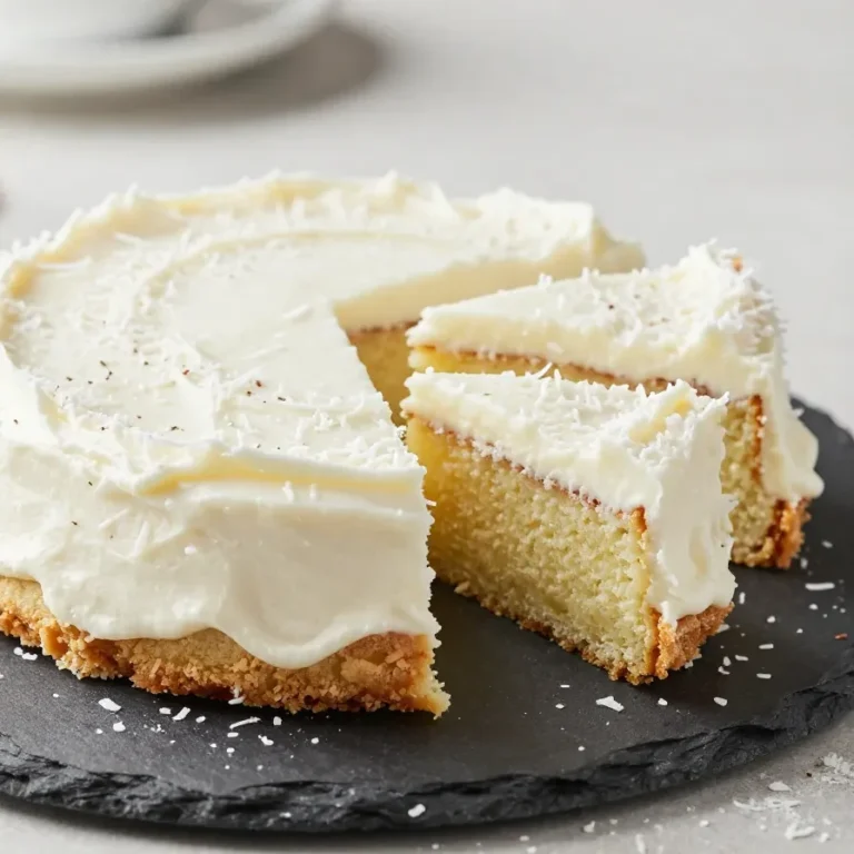 Eine Torta Raffaello auf einer Tortenplatte, mit heller Kokoscreme, weißen Kokosraspeln und dekorativen Pralinen auf der Oberfläche.