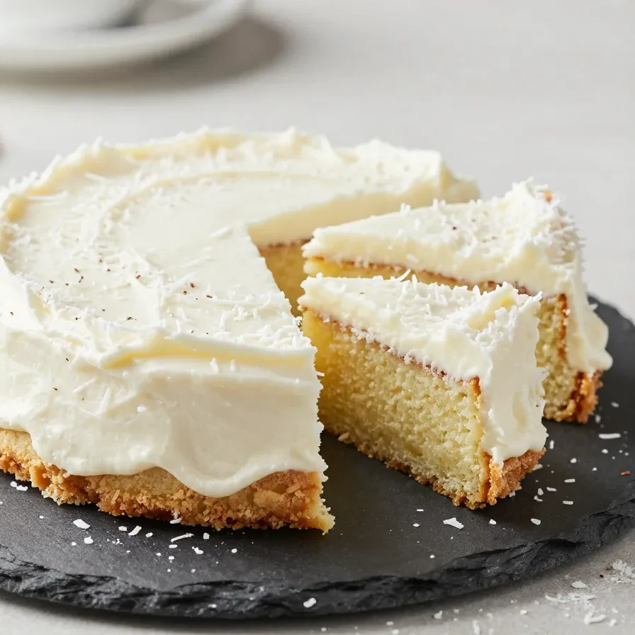 Eine Torta Raffaello auf einer Tortenplatte, mit heller Kokoscreme, weißen Kokosraspeln und dekorativen Pralinen auf der Oberfläche.