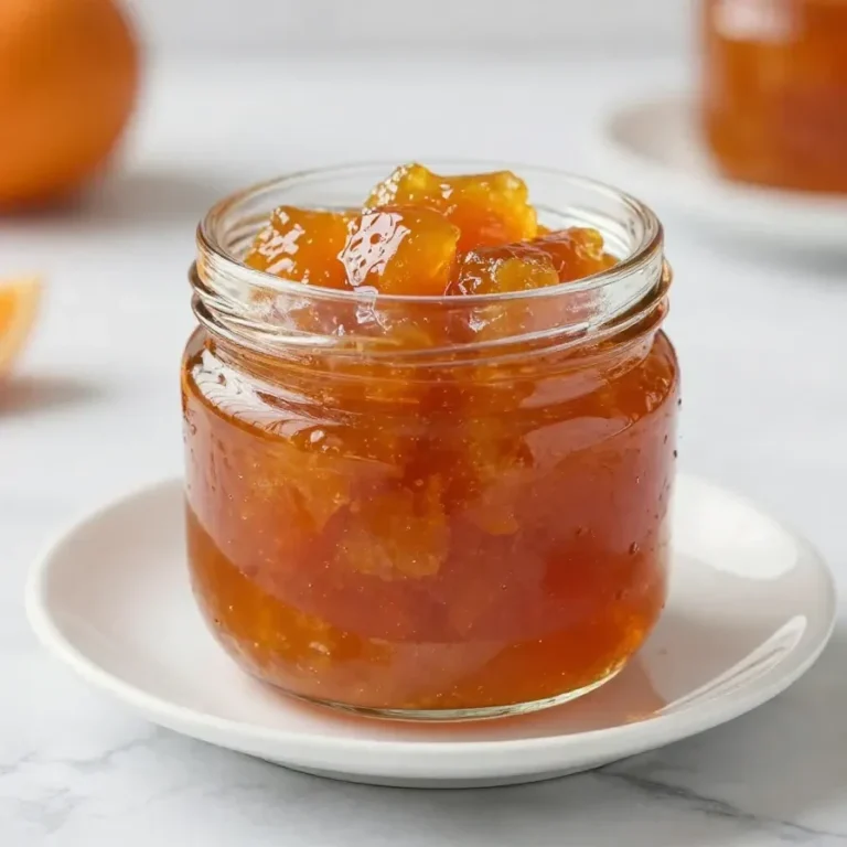 Ein Glas scharfes Mirabellen Chutney mit Paprika auf einem Holztisch neben frischen Mirabellen und Paprikastücken.