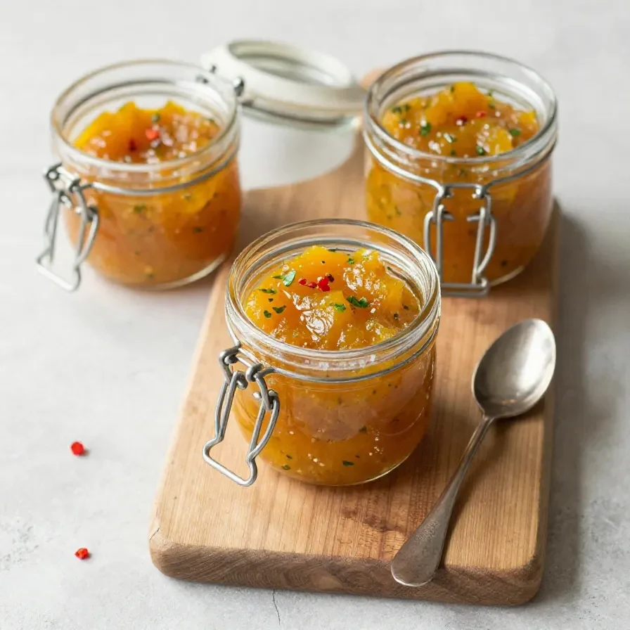 Ein Glas Zucchini-Chutney neben frischem Brot und gegrilltem Gemüse auf einem rustikalen Holztisch.