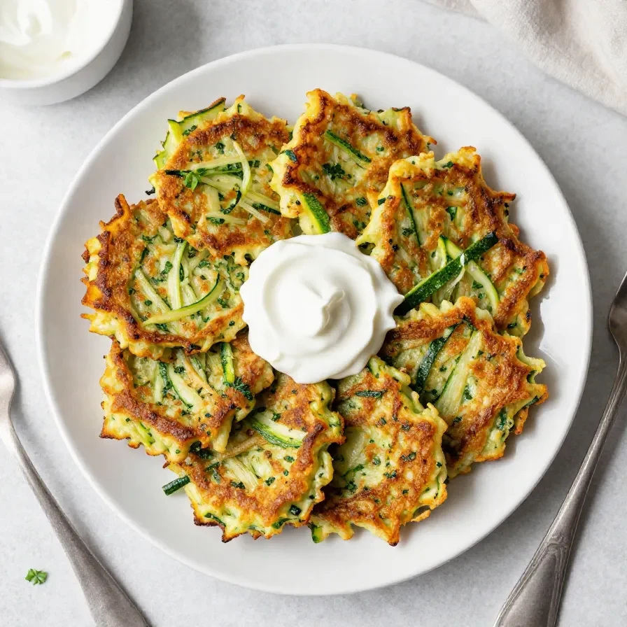 Knusprige Zucchinipuffer auf einem Teller mit Kräuter-Dip, serviert als vegetarisches Gericht