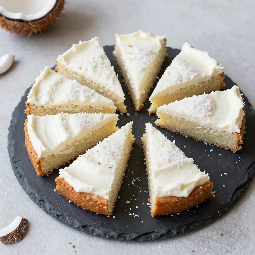 Eine Torta Raffaello auf einer Tortenplatte, mit heller Kokoscreme, weißen Kokosraspeln und dekorativen Pralinen auf der Oberfläche.