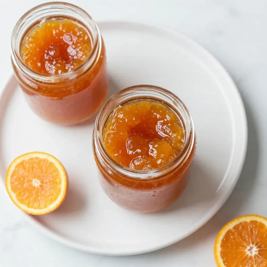 Ein Glas scharfes Mirabellen Chutney mit Paprika auf einem Holztisch neben frischen Mirabellen und Paprikastücken.