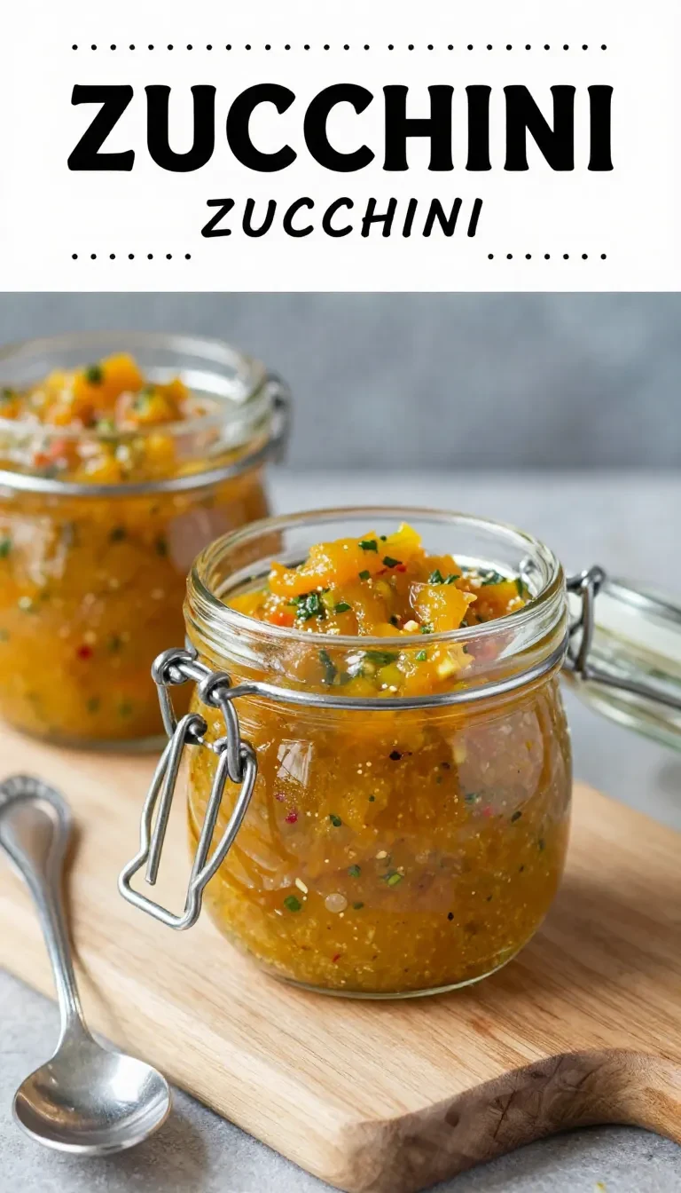 Ein Glas Zucchini-Chutney neben frischem Brot und gegrilltem Gemüse auf einem rustikalen Holztisch.
