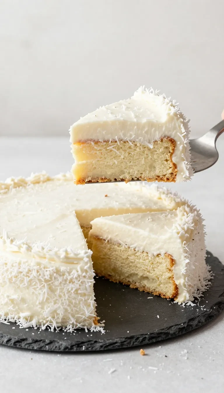 Eine Torta Raffaello auf einer Tortenplatte, mit heller Kokoscreme, weißen Kokosraspeln und dekorativen Pralinen auf der Oberfläche.