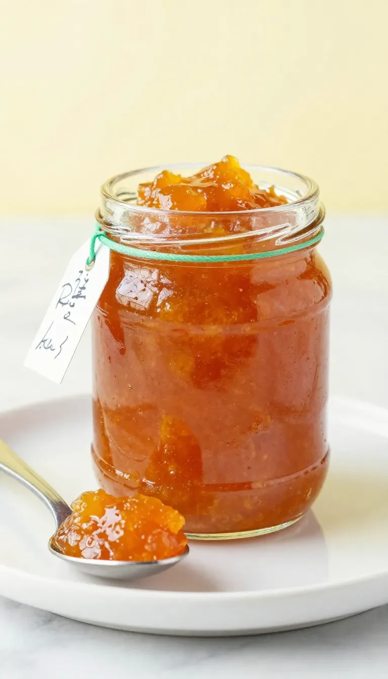 Ein Glas scharfes Mirabellen Chutney mit Paprika auf einem Holztisch neben frischen Mirabellen und Paprikastücken.