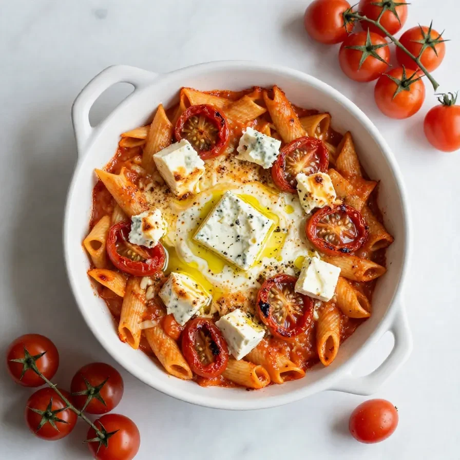 Cremige Feta-Pasta mit Kirschtomaten, frischem Basilikum und Kräutern in einer hellen Schüssel.