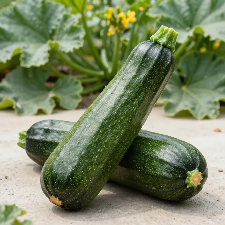 Eine riesige Zucchini liegt neben einem Küchenmesser, einer Schüssel und frischem Gemüse auf einem Holztisch.