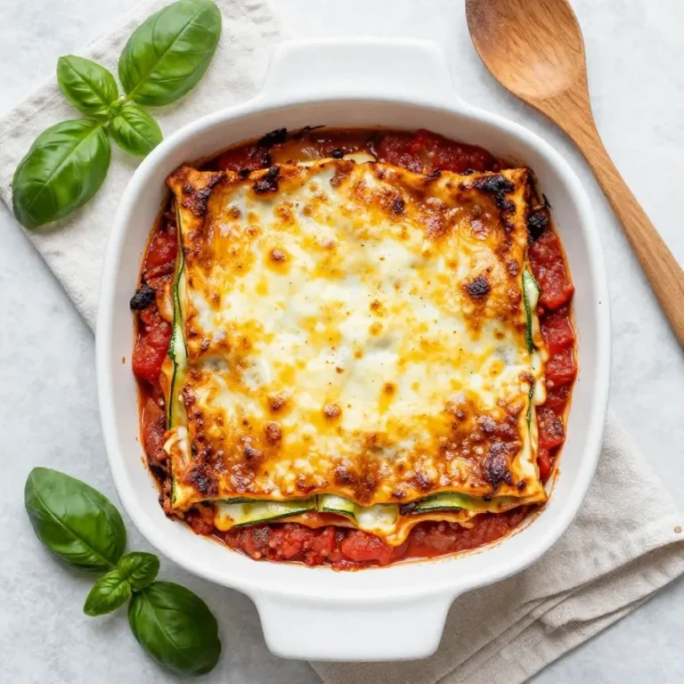 Eine frisch gebackene einfache Zucchini-Lasagne in einer Auflaufform, mit goldbrauner Käsekruste und sichtbaren Zucchinischichten.