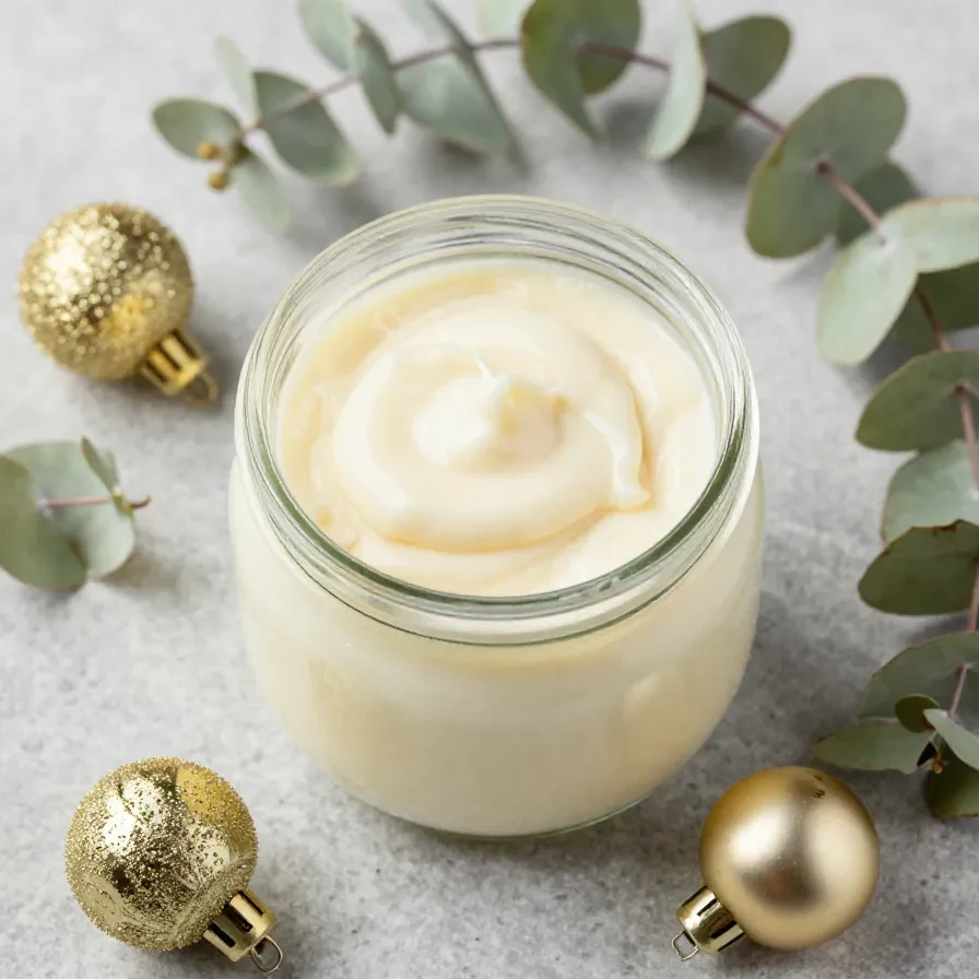 Glas mit selbstgemachter Raffaello-Creme, dekoriert mit Kokosraspeln und weißen Pralinen auf hellem Hintergrund