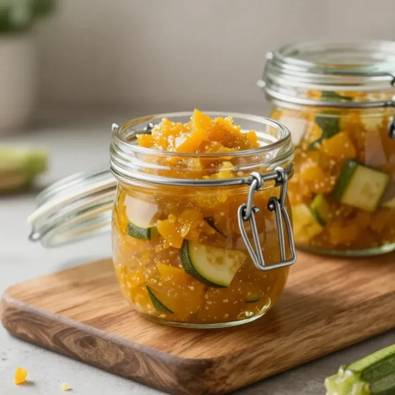 Ein Glas selbstgemachtes Zucchini-Chutney neben einer Scheibe Brot und frischen Kräutern.