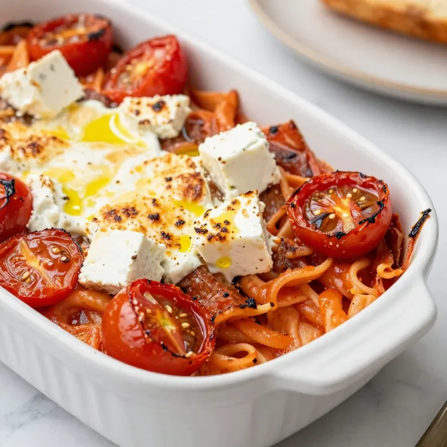 Cremige Feta-Pasta mit Kirschtomaten, frischem Basilikum und Kräutern in einer hellen Schüssel.
