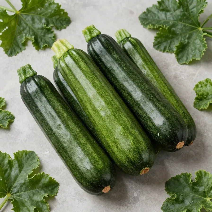 Eine riesige Zucchini liegt neben einem Küchenmesser, einer Schüssel und frischem Gemüse auf einem Holztisch.