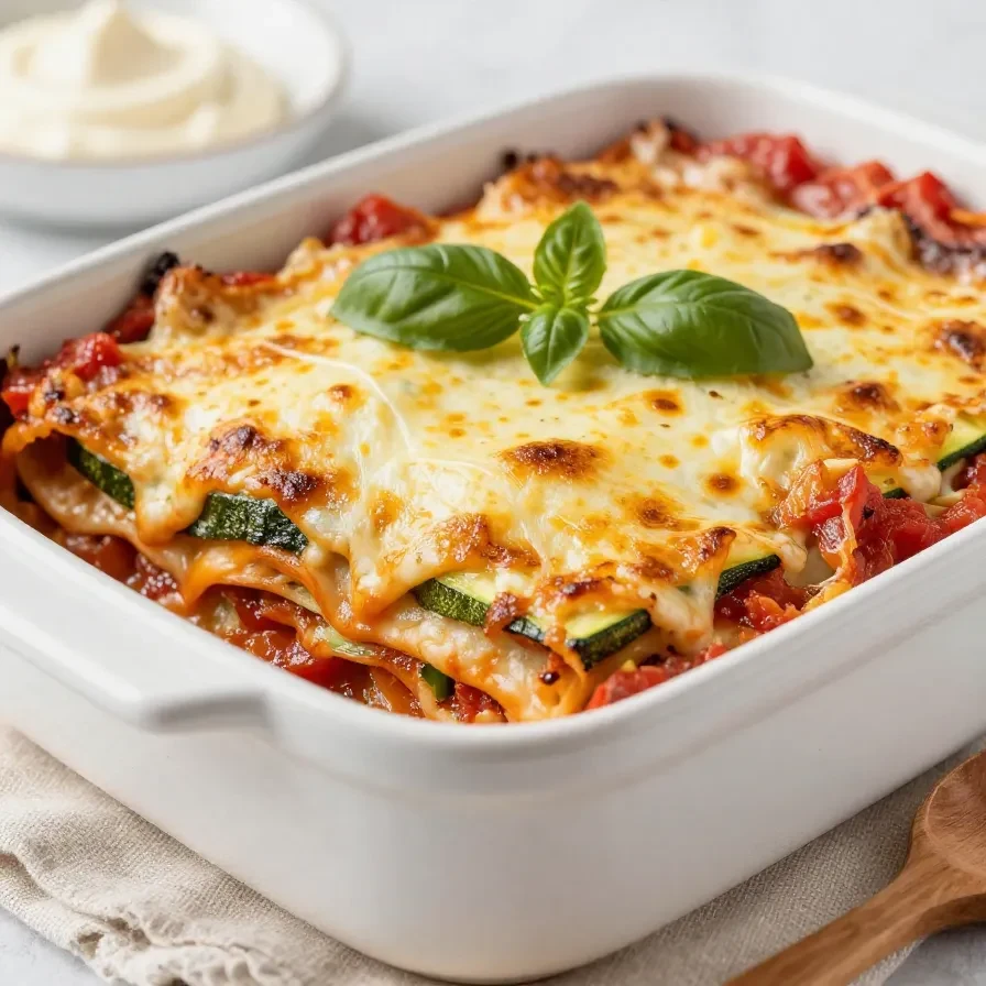 Eine frisch gebackene einfache Zucchini-Lasagne in einer Auflaufform, mit goldbrauner Käsekruste und sichtbaren Zucchinischichten.
