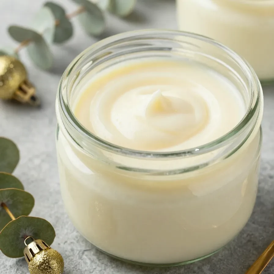 Glas mit selbstgemachter Raffaello-Creme, dekoriert mit Kokosraspeln und weißen Pralinen auf hellem Hintergrund