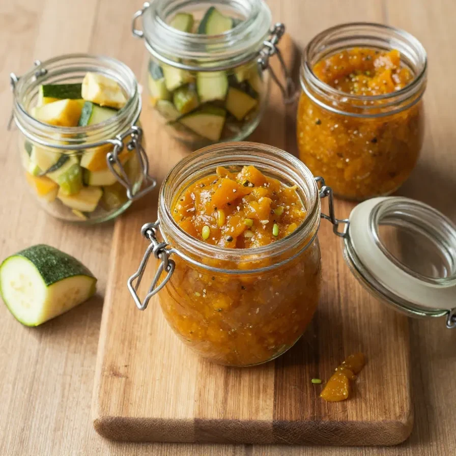 Ein Glas selbstgemachtes Zucchini-Chutney neben einer Scheibe Brot und frischen Kräutern.