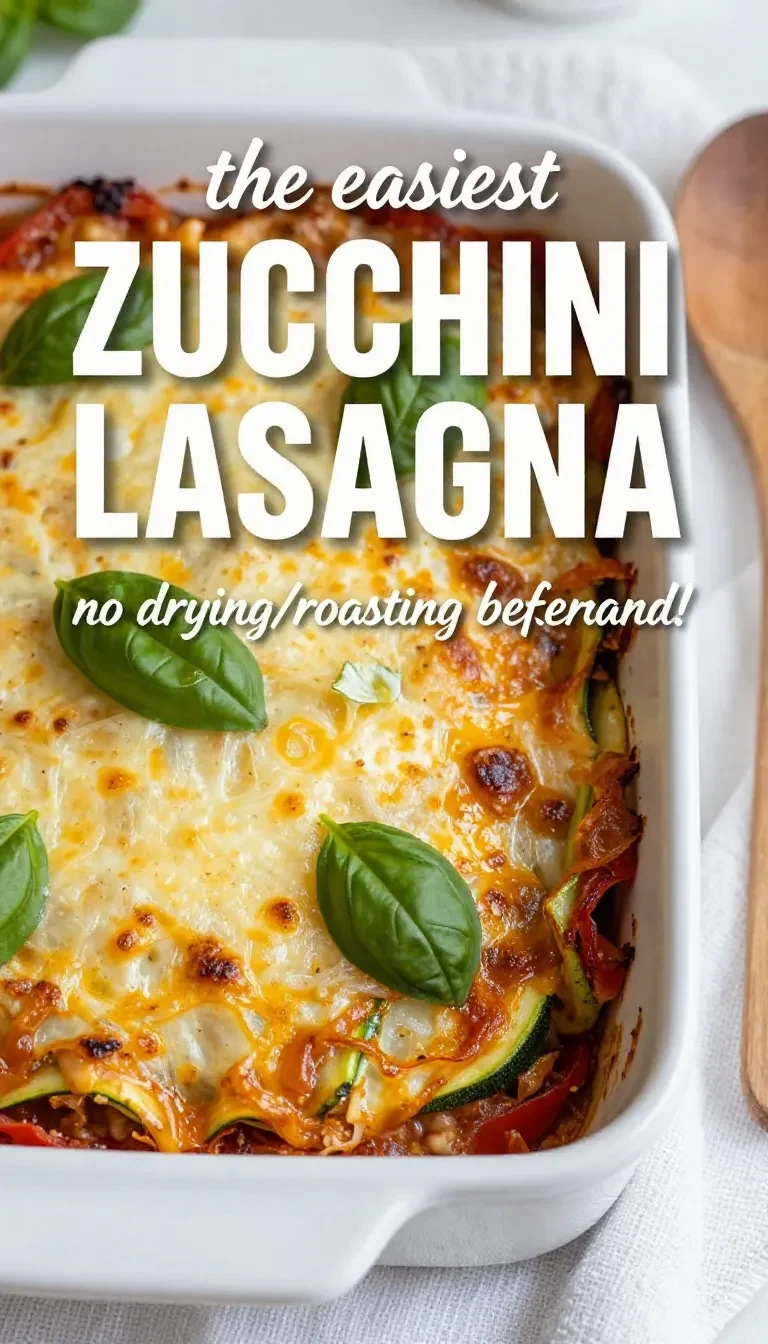 Eine frisch gebackene einfache Zucchini-Lasagne in einer Auflaufform, mit goldbrauner Käsekruste und sichtbaren Zucchinischichten.
