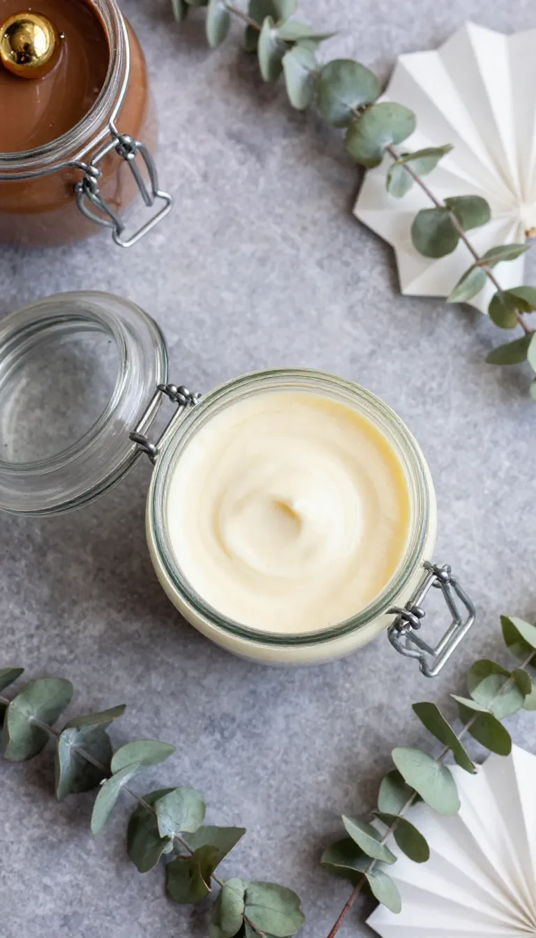 Glas mit selbstgemachter Raffaello-Creme, dekoriert mit Kokosraspeln und weißen Pralinen auf hellem Hintergrund
