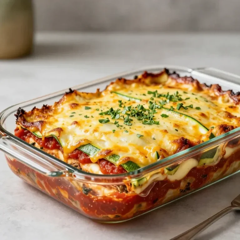 Zucchini-Lasagne frisch aus dem Ofen in einer Auflaufform mit geschmolzenem Käse und goldbrauner Oberfläche