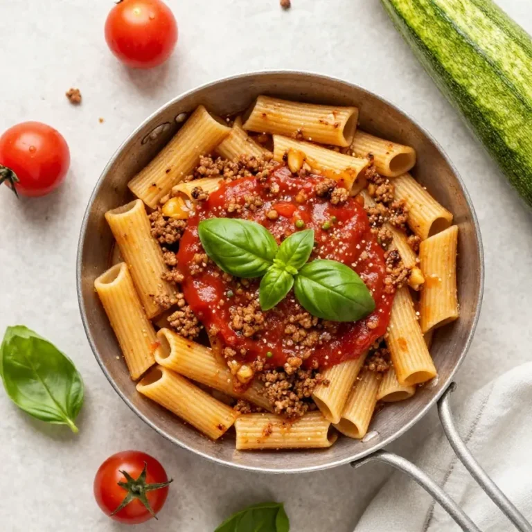 Teller mit Rigatoni, Wurststücken, Tomaten und Zucchini in einer herzhaften Pastasoße