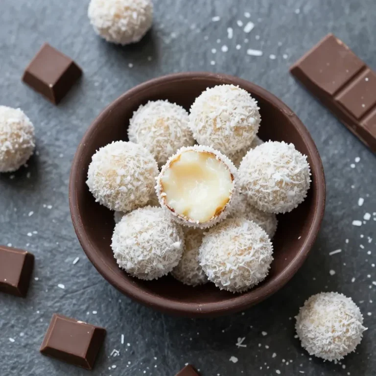 Gesunde Raffaello-Kokospralinen auf einem weißen Teller, dekoriert mit Kokosraspeln und Mandeln.