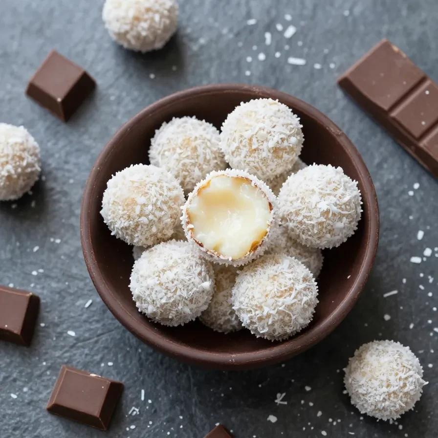 Gesunde Raffaello-Kokospralinen auf einem weißen Teller, dekoriert mit Kokosraspeln und Mandeln.