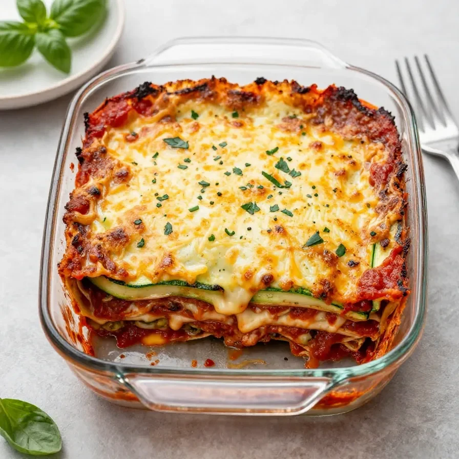 Zucchini-Lasagne frisch aus dem Ofen in einer Auflaufform mit geschmolzenem Käse und goldbrauner Oberfläche
