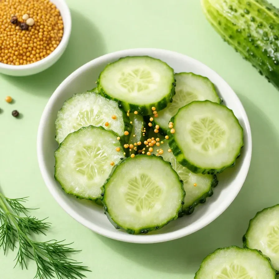 Glas mit selbst gemachten Schnellgurken auf einem Holztisch neben frischem Dill und Gewürzen