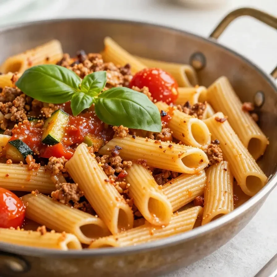 Teller mit Rigatoni, Wurststücken, Tomaten und Zucchini in einer herzhaften Pastasoße