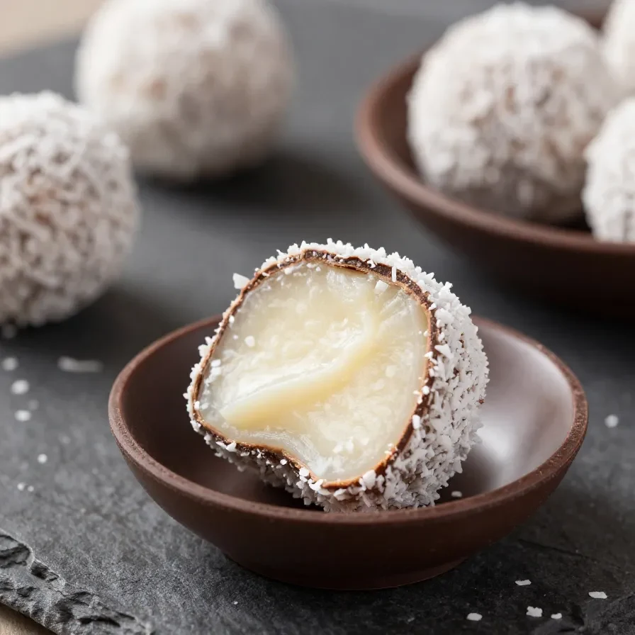 Gesunde Raffaello-Kokospralinen auf einem weißen Teller, dekoriert mit Kokosraspeln und Mandeln.