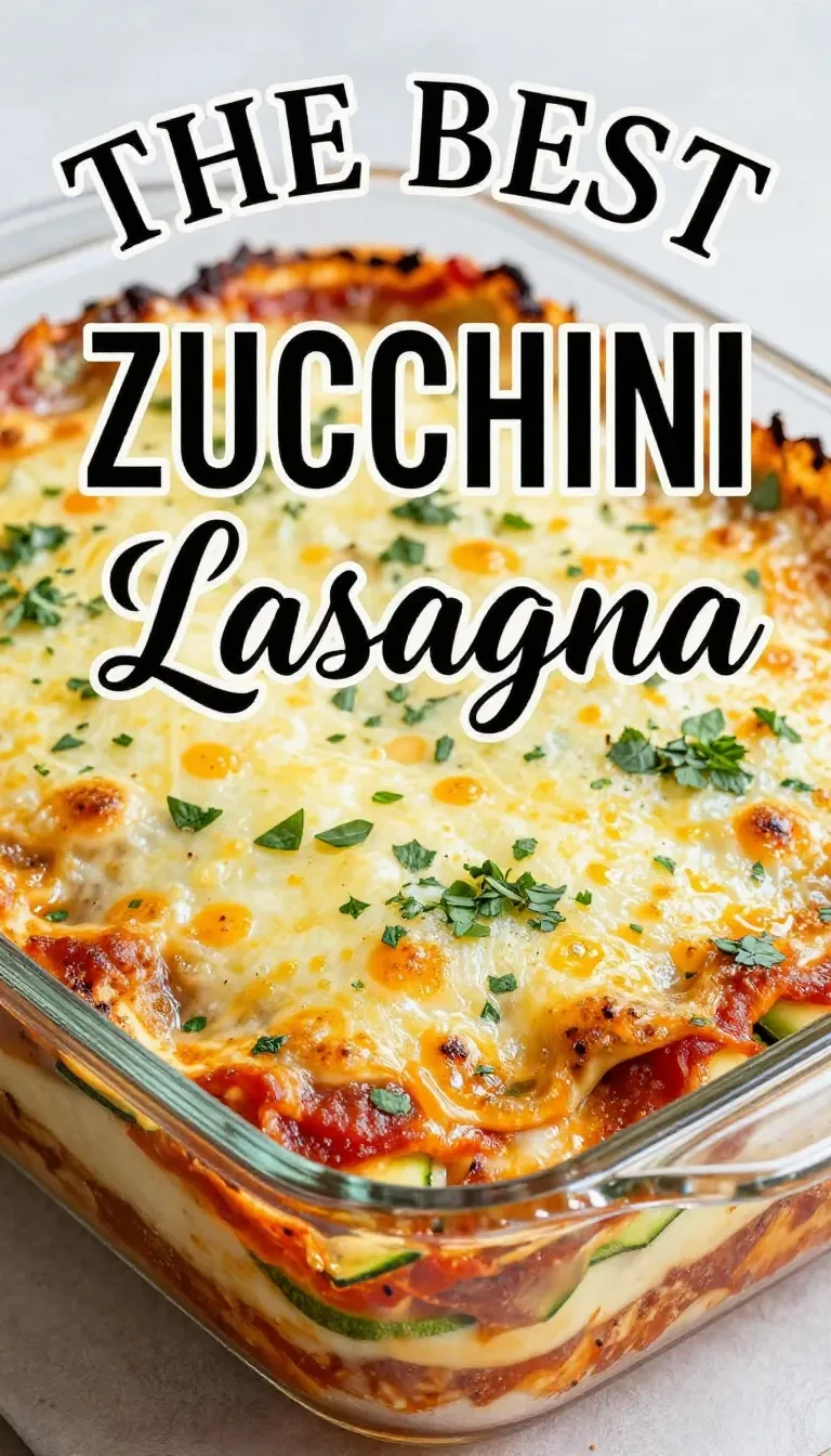 Zucchini-Lasagne frisch aus dem Ofen in einer Auflaufform mit geschmolzenem Käse und goldbrauner Oberfläche