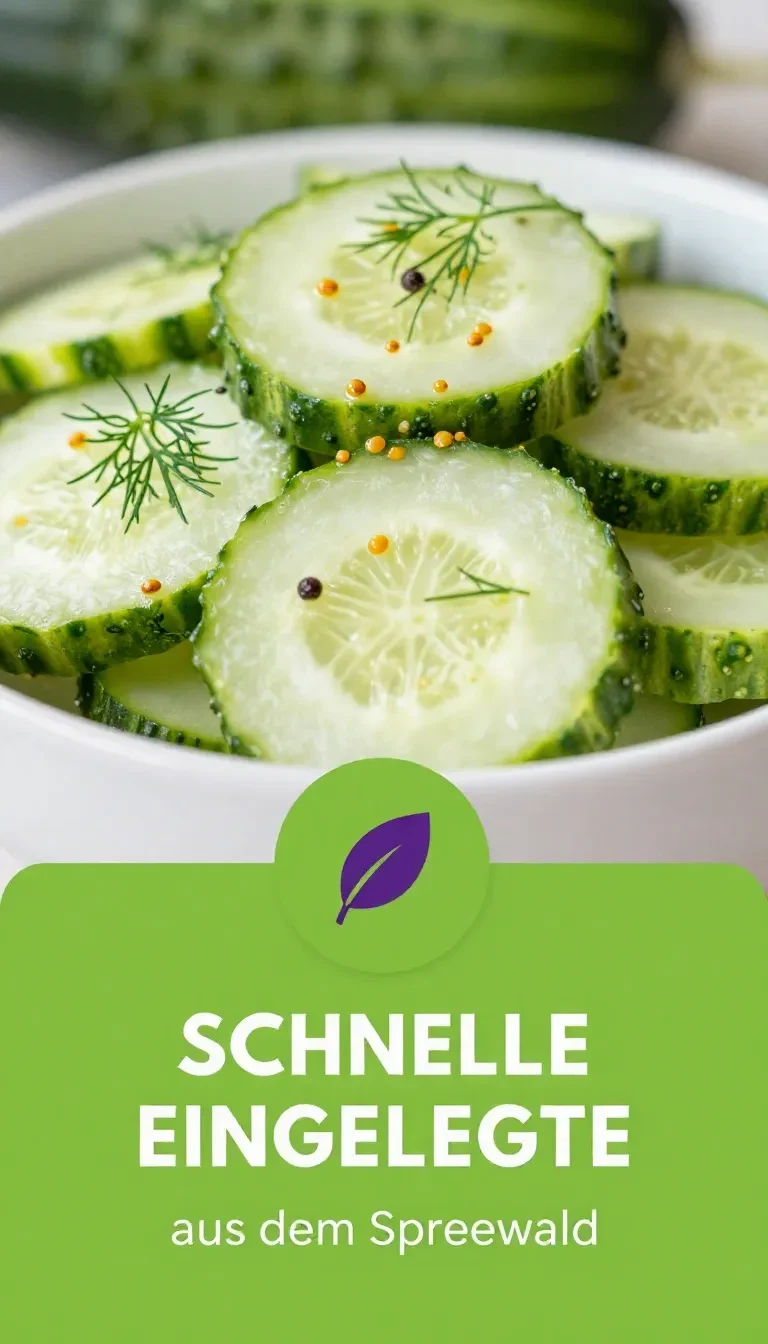 Glas mit selbst gemachten Schnellgurken auf einem Holztisch neben frischem Dill und Gewürzen