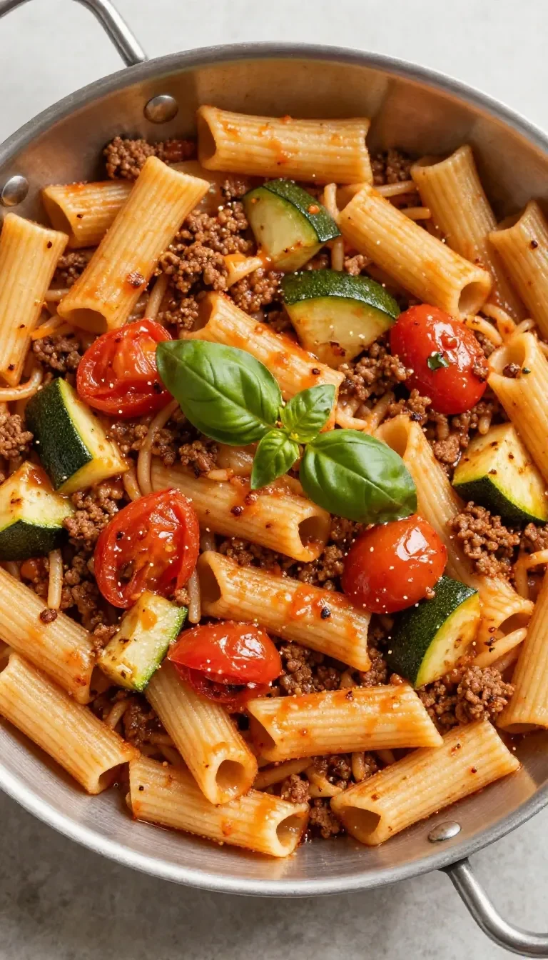 Teller mit Rigatoni, Wurststücken, Tomaten und Zucchini in einer herzhaften Pastasoße