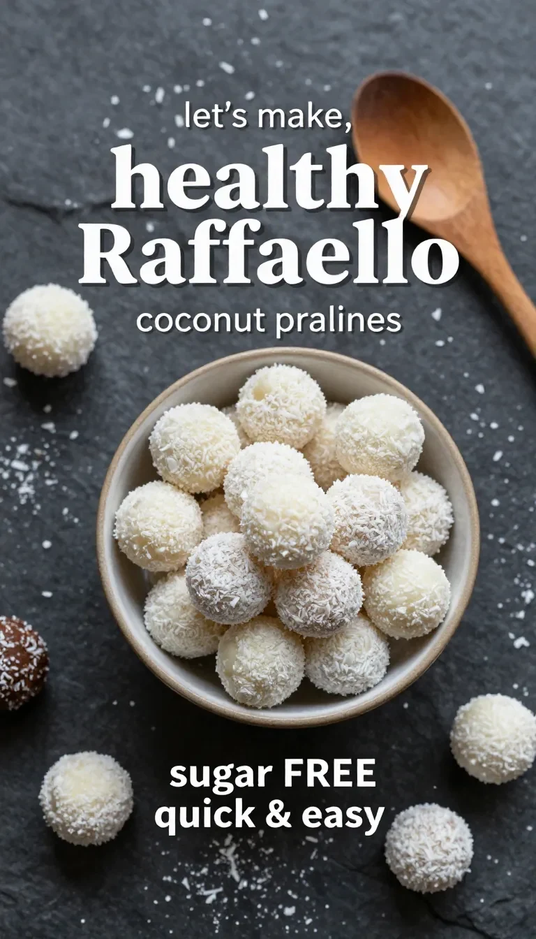 Gesunde Raffaello-Kokospralinen auf einem weißen Teller, dekoriert mit Kokosraspeln und Mandeln.