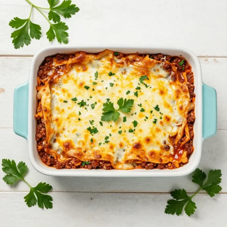 Eine frisch gebackene Zucchini-Lasagne in einer Auflaufform mit geschmolzenem Käse und sichtbaren Gemüsescheiben.