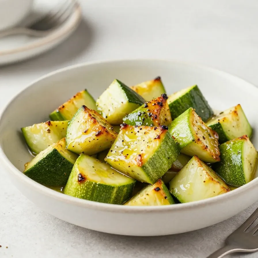 Sautierte Zucchini in einer Pfanne mit frischen Kräutern und etwas Olivenöl.