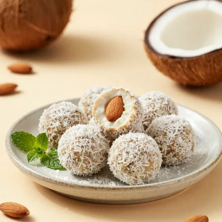 Selbst gemachte gesunde Raffaello-Kugeln auf einem Teller mit Kokosraspeln und Mandeln