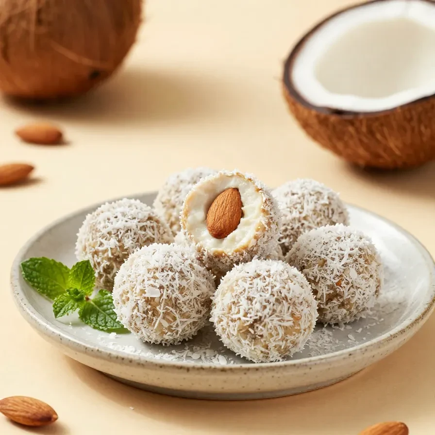 Selbst gemachte gesunde Raffaello-Kugeln auf einem Teller mit Kokosraspeln und Mandeln