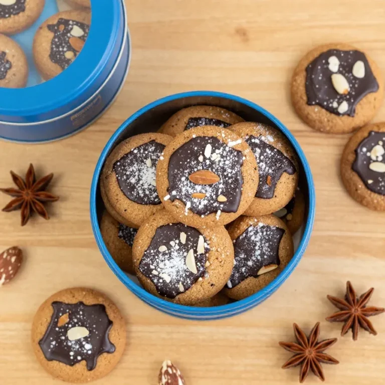 Original Nürnberger Elisenlebkuchen auf einem Teller, dekoriert mit Mandeln und Schokolade