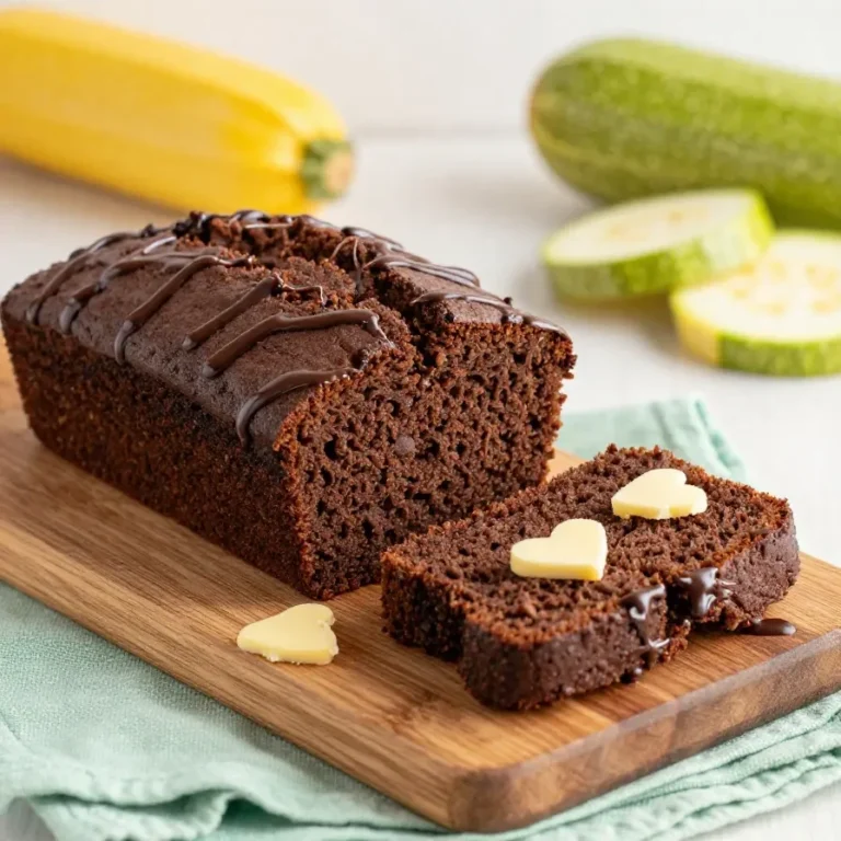 Saftiger Zucchini-Schokokuchen auf einem Kuchenteller, mit dunkler Glasur und feinen Schokostückchen.