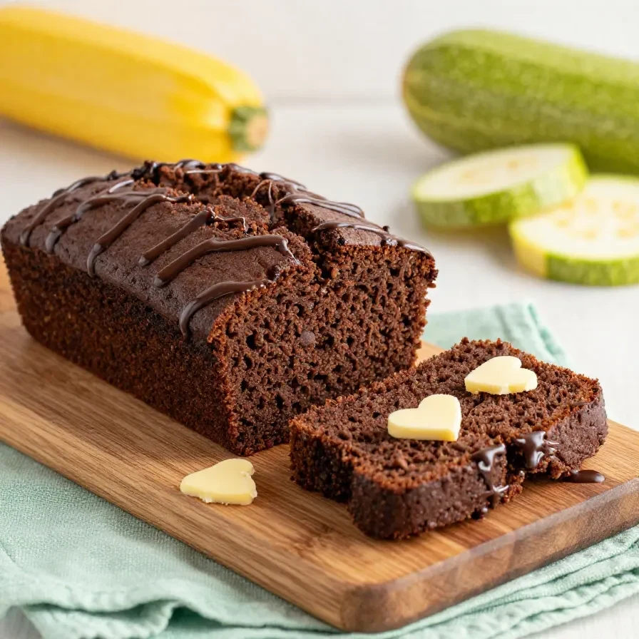 Saftiger Zucchini-Schokokuchen auf einem Kuchenteller, mit dunkler Glasur und feinen Schokostückchen.