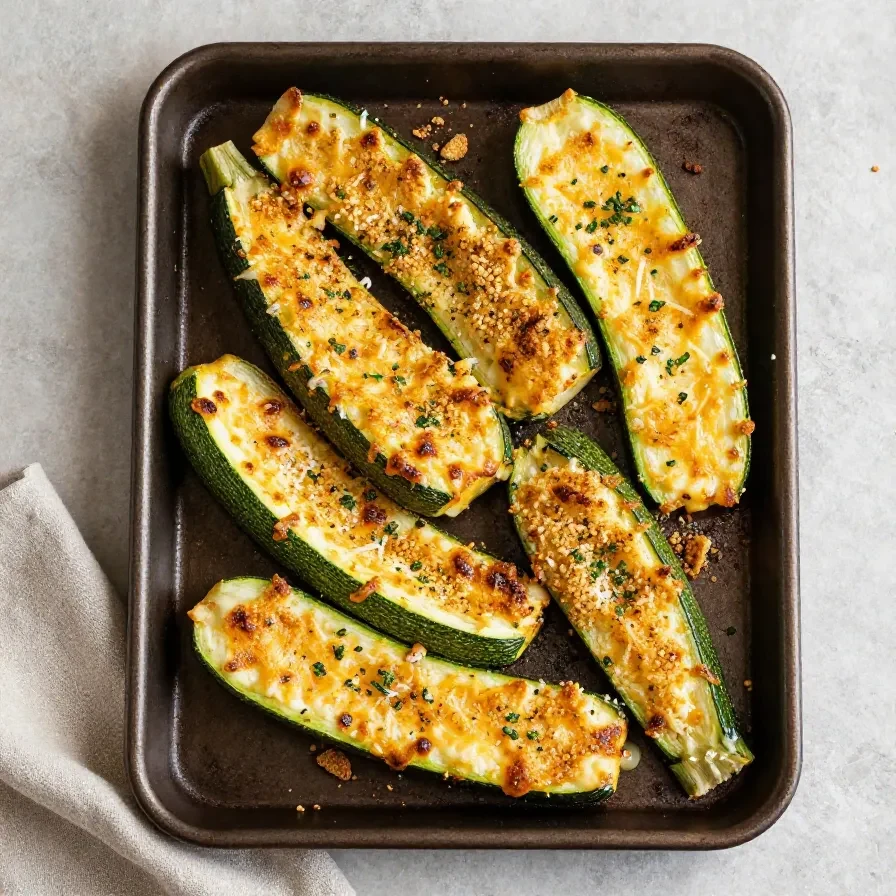 Ofengebackene Zucchinischeiben mit goldbrauner Parmesan-Kruste auf einem Backblech