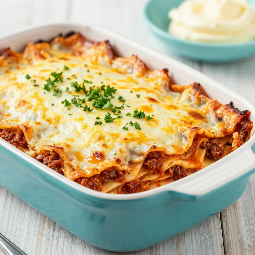 Eine frisch gebackene Zucchini-Lasagne in einer Auflaufform mit geschmolzenem Käse und sichtbaren Gemüsescheiben.