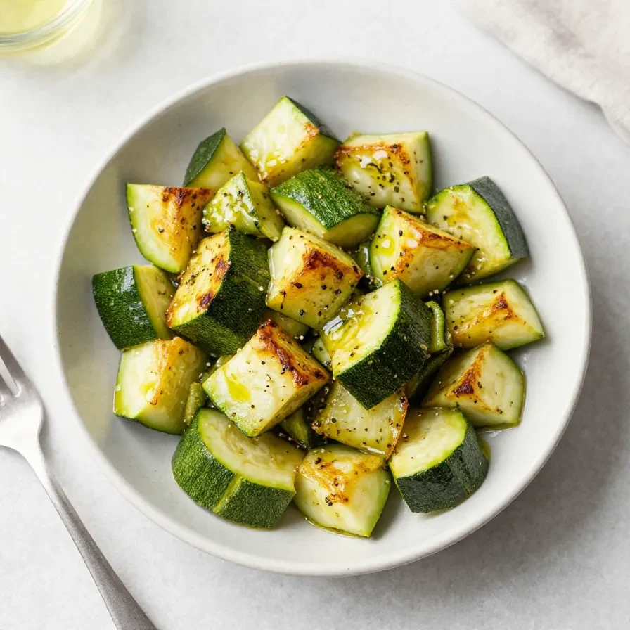 Sautierte Zucchini in einer Pfanne mit frischen Kräutern und etwas Olivenöl.