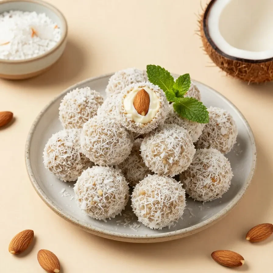 Selbst gemachte gesunde Raffaello-Kugeln auf einem Teller mit Kokosraspeln und Mandeln