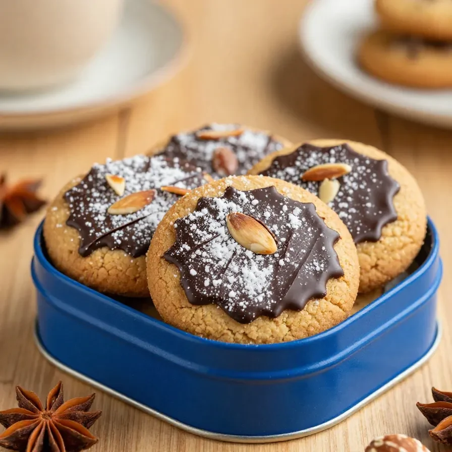 Original Nürnberger Elisenlebkuchen auf einem Teller, dekoriert mit Mandeln und Schokolade