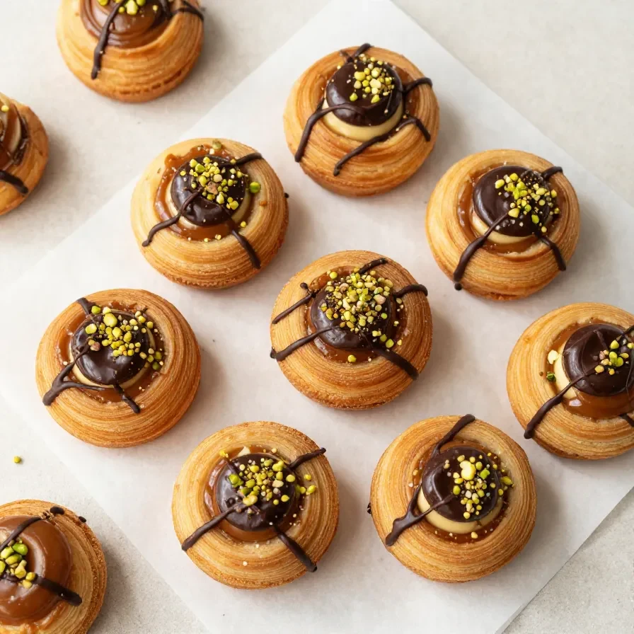 Frisch gebackene Nougat-Marzipan-Guetzli auf einem Backblech mit goldbrauner Oberfläche
