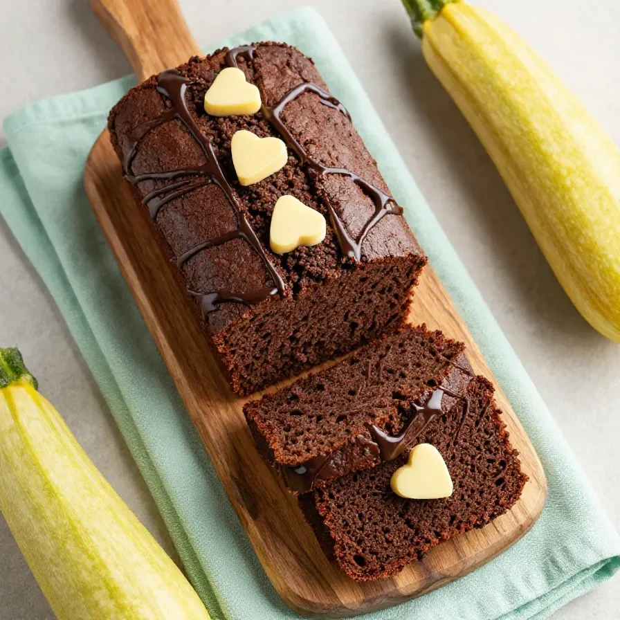 Saftiger Zucchini-Schokokuchen auf einem Kuchenteller, mit dunkler Glasur und feinen Schokostückchen.