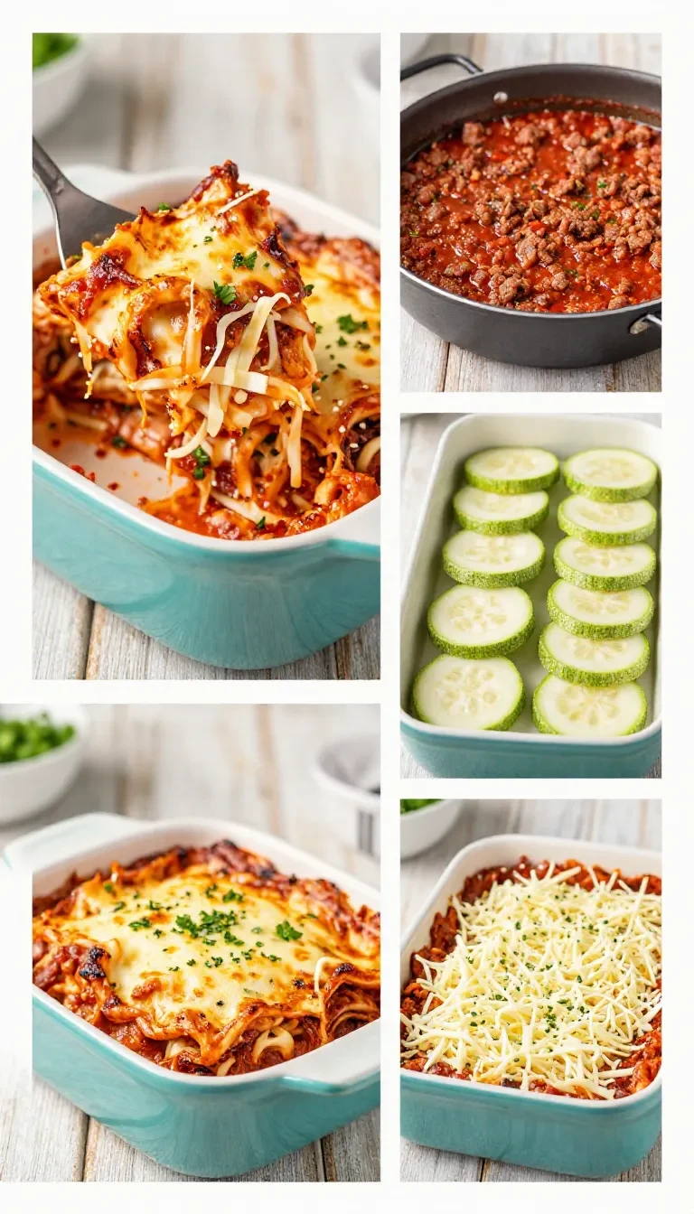 Eine frisch gebackene Zucchini-Lasagne in einer Auflaufform mit geschmolzenem Käse und sichtbaren Gemüsescheiben.