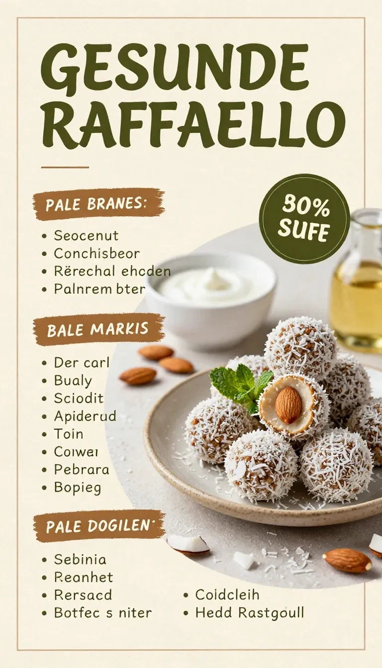 Selbst gemachte gesunde Raffaello-Kugeln auf einem Teller mit Kokosraspeln und Mandeln
